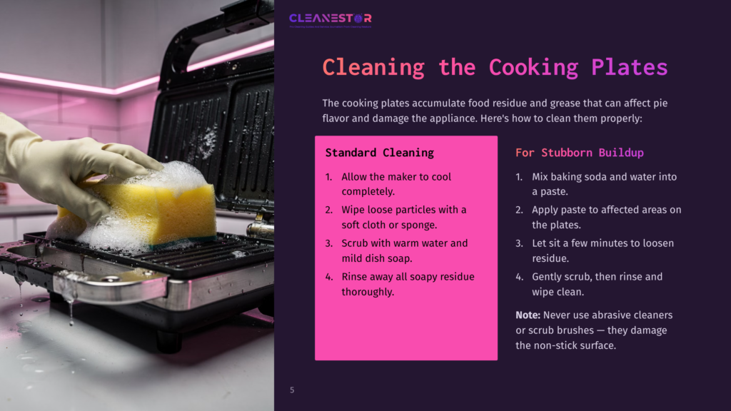 A Gloved Hand Scrubs A Greasy, Open Panini Press With A Yellow Sponge And Suds. Text Overlay Reads &Quot;Cleanestor Cleaning The Cooking Plates&Quot;.