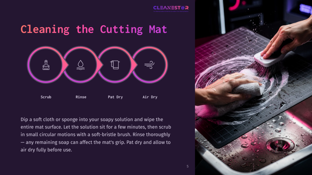 A Cleaning Guide Showing Icons For Scrubbing, Rinsing, Patting Dry, And Air Drying A Cutting Mat, Alongside A Person Cleaning With A Brush.