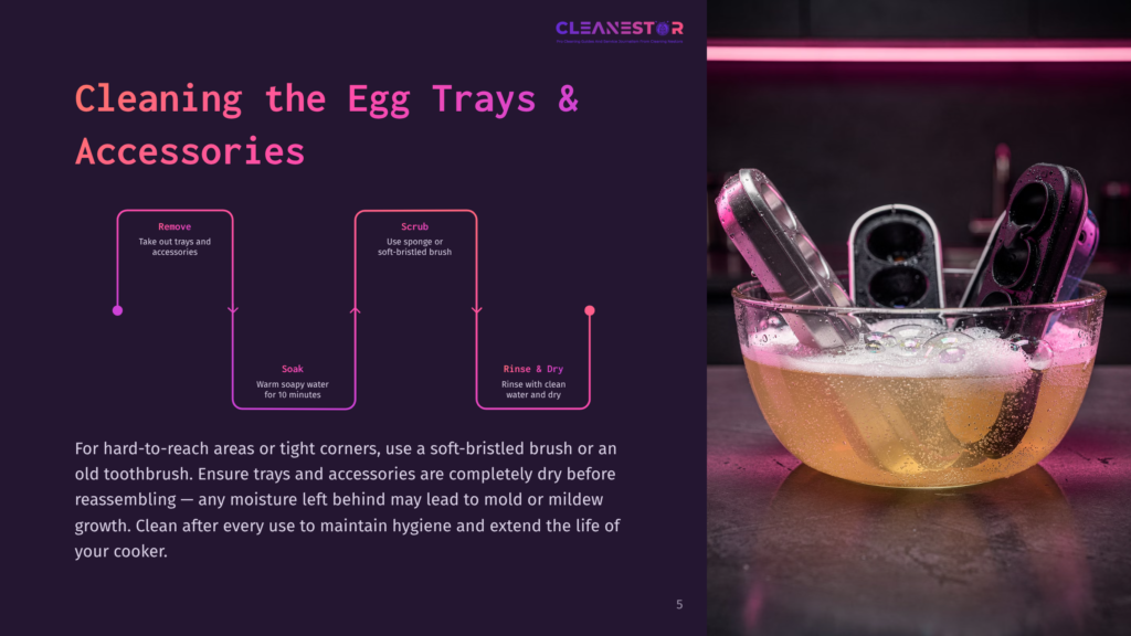 Two Egg Trays And Accessories In A Clear Bowl Of Water, With Cleaning Instructions On The Left, Set Against A Purple Background.