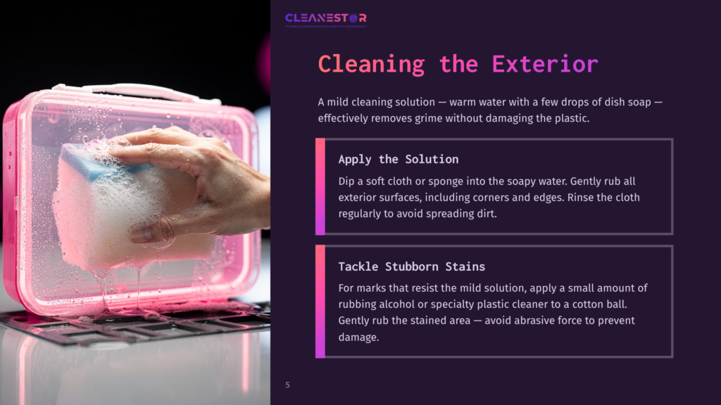 A Hand Holding A Sponge Over A Pink Plastic Pencil Box, With Water And Soap Suds, Set Against A Dark Background.