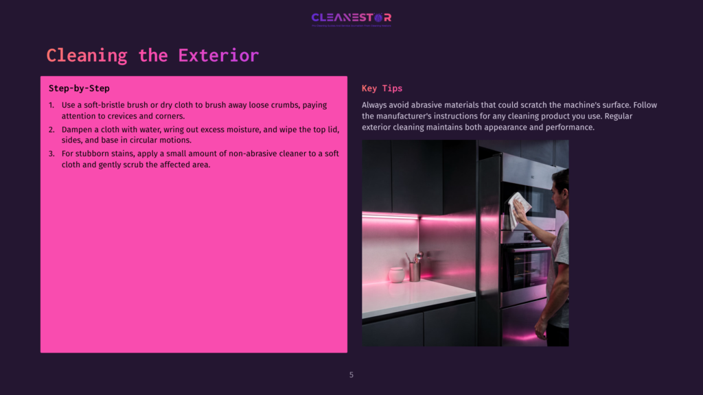 A Person Cleaning A Kitchen Appliance With A Cloth. The Background Features A Modern Kitchen With Purple And Pink Accents.