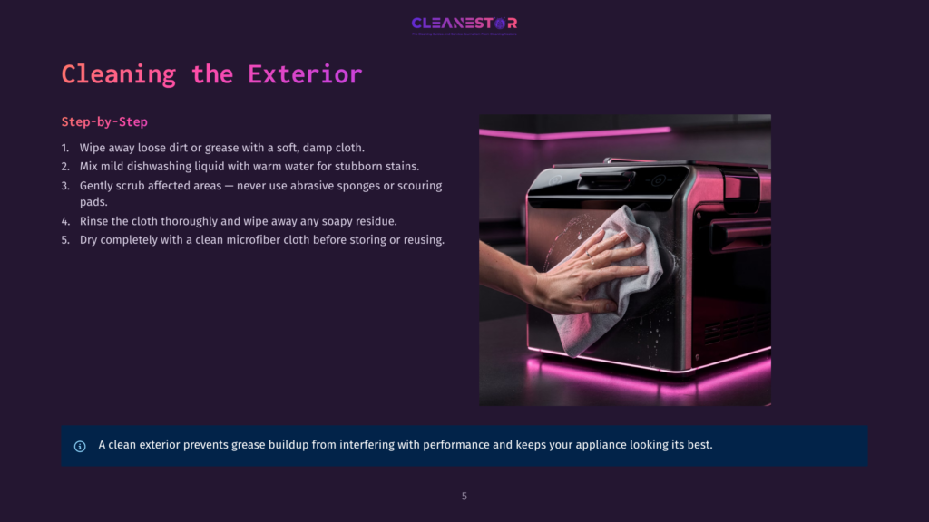5 Cleaning The Exterior 4 A Hand Gently Wipes Down The Sleek, Black Exterior Of A Modern Appliance With A White Microfiber Cloth, Revealing Its Clean Surface.