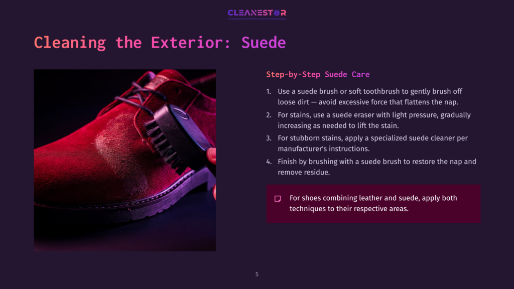 Close-Up Of A Red Suede Shoe Being Cleaned With A Soft Brush On A Dark Purple Background, Accompanied By Step-By-Step Care Instructions.