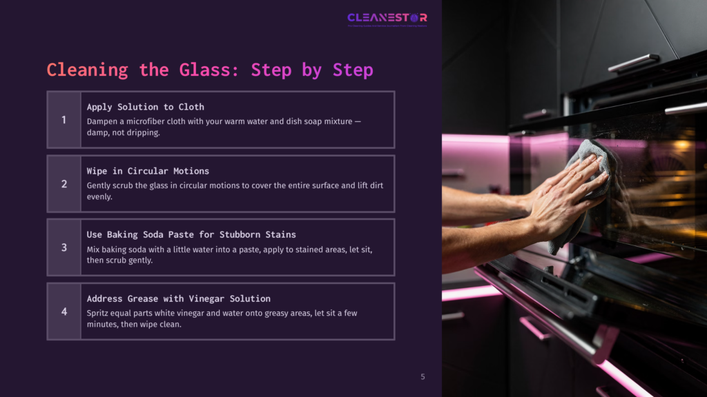 A Person Wipes The Glass Door Of A Bosch Oven With A Cloth, Surrounded By Cleaning Tips In A Modern, Dark-Style Layout.