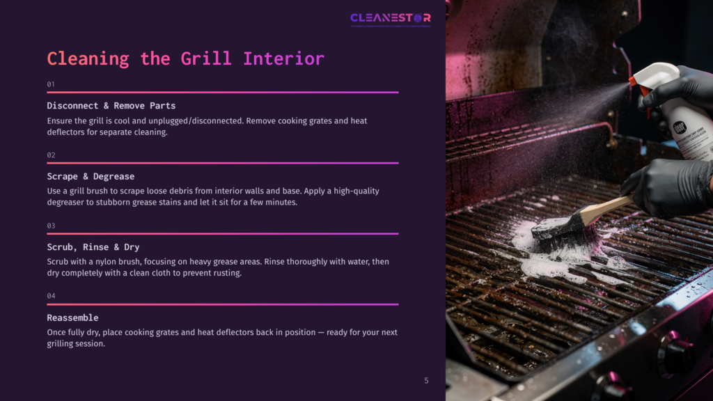 Hands In Black Gloves Spray A Grill Cleaner Onto A Greasy Barbecue Grill. A Brush Scrubs The Grates, With Suds And Cleaner Dripping Down.