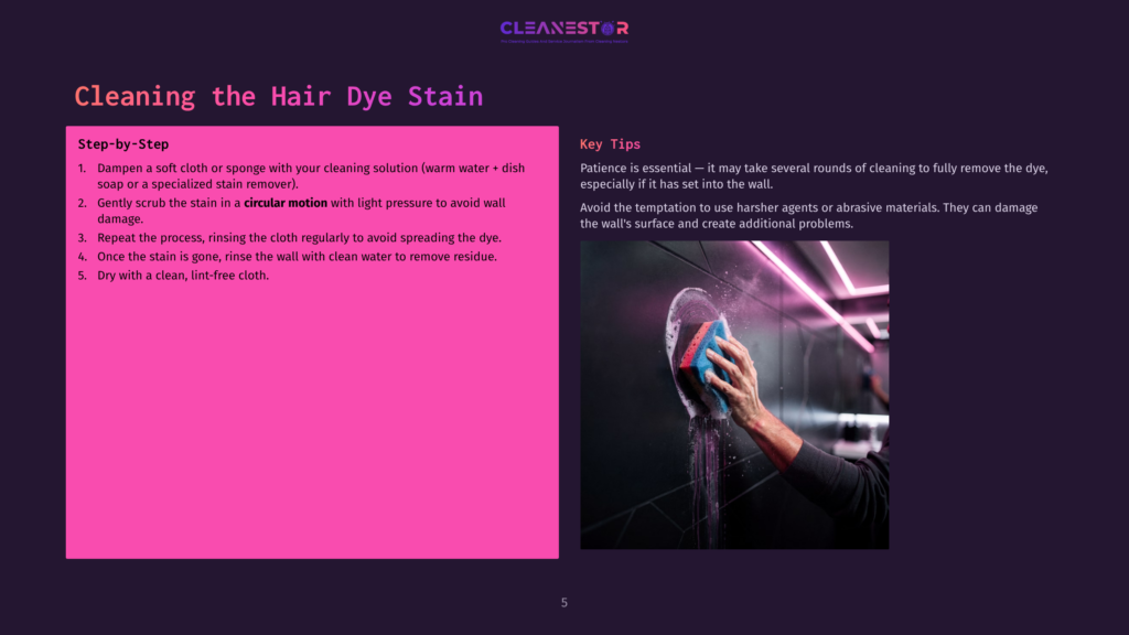 A Person Uses A Blue And Red Sponge To Scrub A Dark, Textured Wall With Pink Neon Lights In The Background, Removing A White, Foamy Stain.