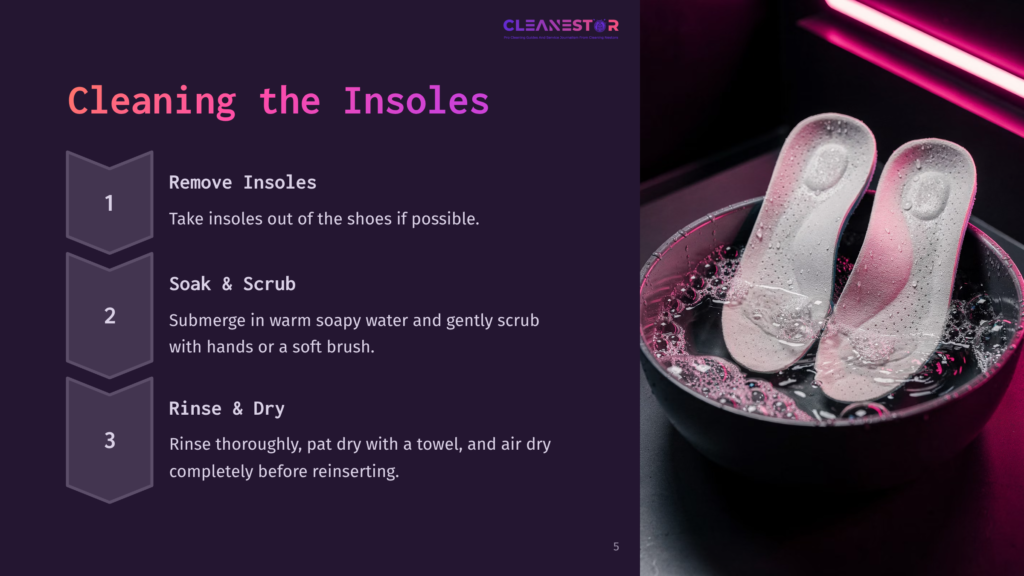 Two Insoles Soaking In Soapy Water Inside A Bowl, With Text Instructions On Cleaning Steps Highlighted Against A Dark Background.