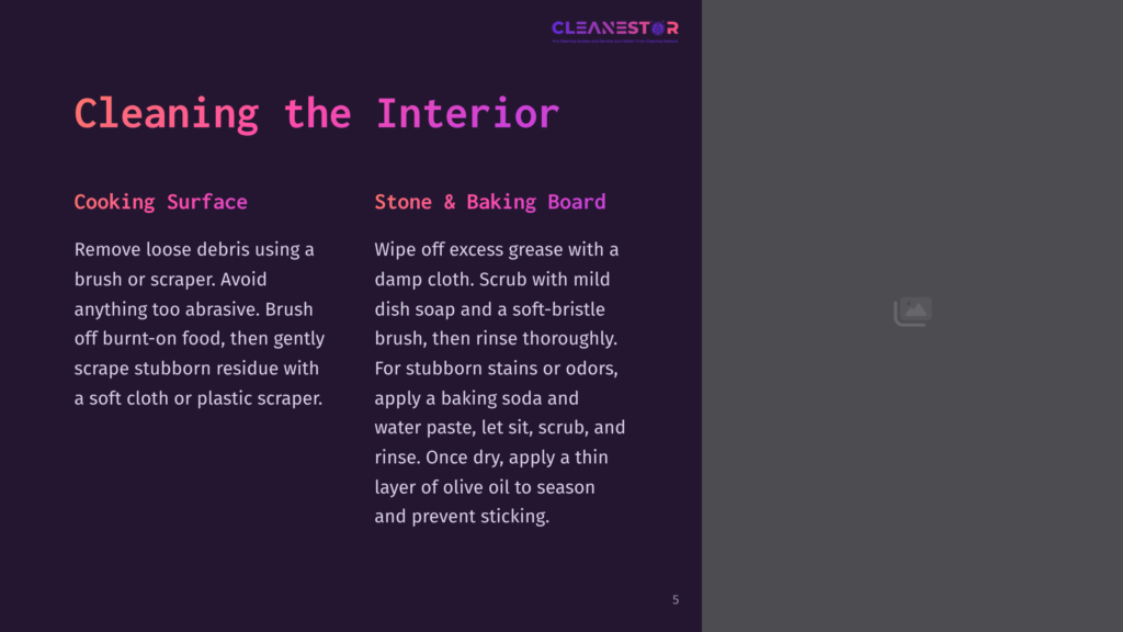 Purple Background With White Text Detailing Cleaning Instructions For A Stone And Baking Board, Featuring Bullet Points And A Highlighted Section.