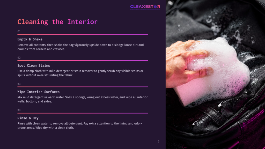 A Hand Scrubbing A Dark Backpack With Soap Suds, Alongside Numbered Cleaning Instructions In A Purple And White Layout.