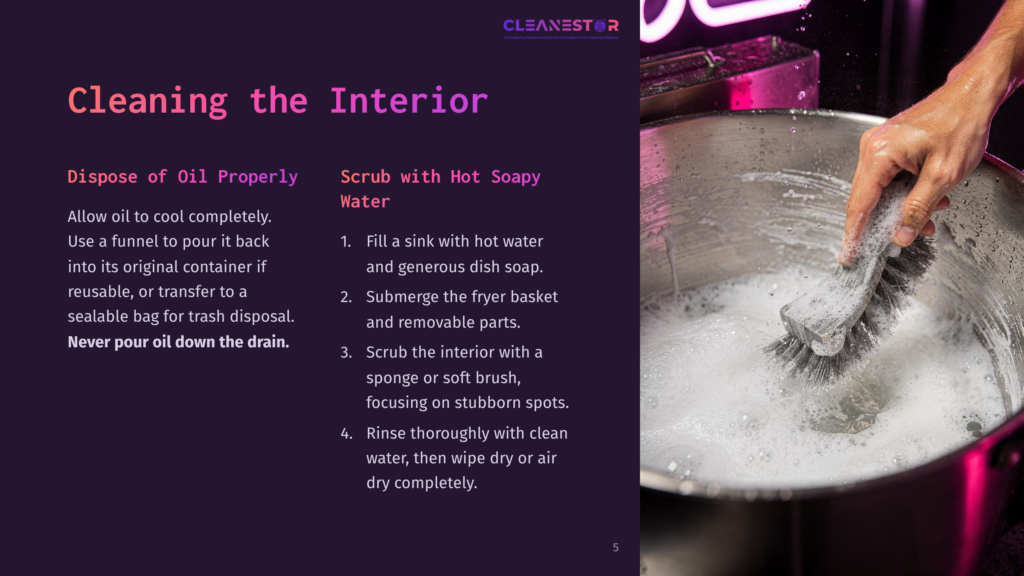 A Person Scrubbing A Greasy Fryer Pot With A Sponge In Soapy Water, Next To A Funnel Pouring Oil Into A Container. Bright Pink Background.