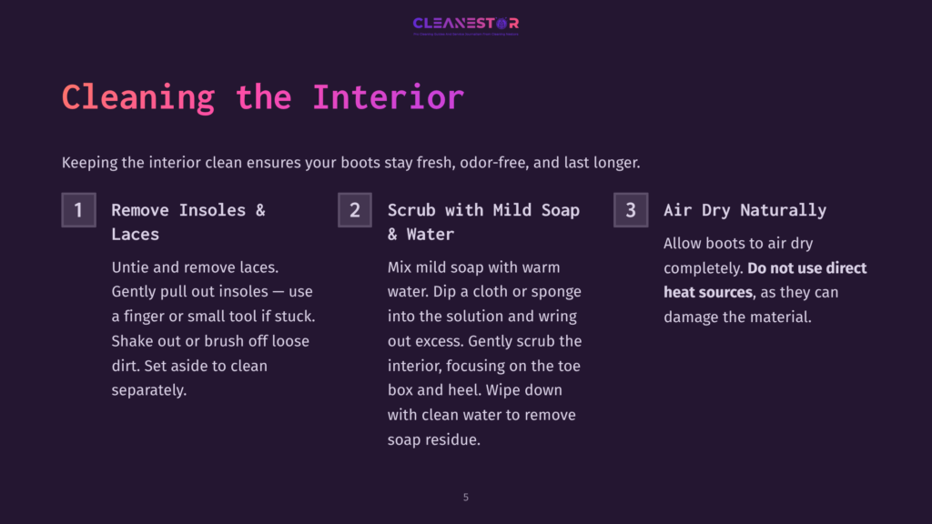 Cleaning The Interior Of Boots: 1. Remove Insoles &Amp; Laces. 2. Scrub With Mild Soap &Amp; Water. 3. Air Dry Naturally. Instructions For Cleaning Boot Interiors.