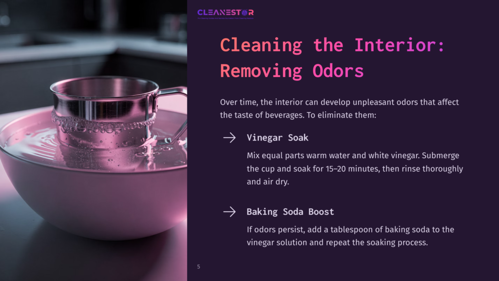 A Close-Up Shot Shows A Metal Cup Filled With A Pink Liquid, Submerged In A Clear Glass Bowl Of The Same Liquid, Suggesting A Cleaning Solution For Removing Odors.
