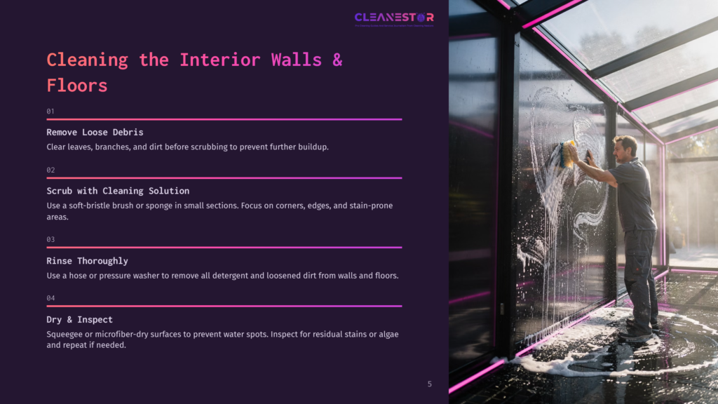 5 Cleaning The Interior Walls And Floors A Man In Work Clothes Scrubs A Wet, Black Wall With A Yellow Sponge, Creating Foamy Suds. The Wall Is Part Of An Outdoor Structure With A Glass Roof And Purple Trim. Text Overlay Reads &Quot;Cleanestor&Quot;.