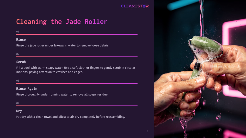 Hands Holding A Jade Roller Under Running Water, With Soap Bubbles And Splashes, Against A Vibrant Purple And Pink Background.