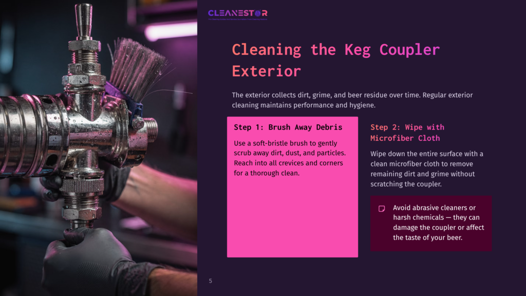 A Person Cleaning A Keg Coupler With A Brush, Emphasizing The Tool'S Shiny Metal Surface Against A Dark Background, With Cleaning Steps In Vibrant Text.