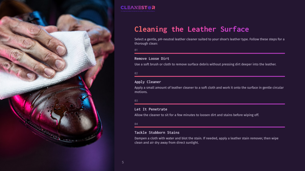 Close-Up Of Hands Cleaning A Brown Leather Shoe With A White Cloth, Water Droplets On The Shoe Surface.