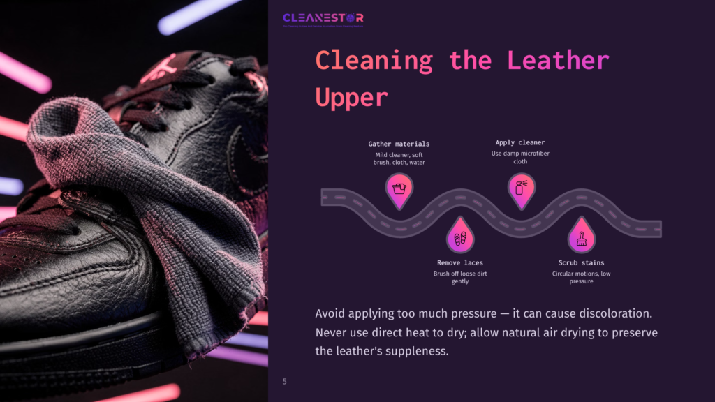 5 Cleaning The Leather Upper Close-Up Of A Black Sneaker With Textured Leather, Accompanied By Pink Icons And Instructions For Cleaning The Upper. Background Features Neon Stripes.