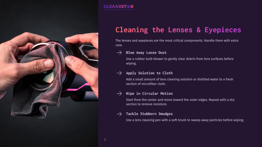 Hands Holding A Binocular With A Cleaning Cloth, Outlining Steps For Cleaning Lenses And Eyepieces On A Dark Background.