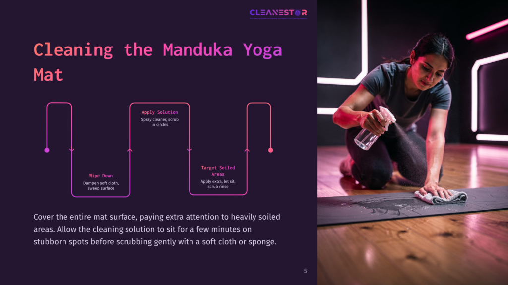 A Woman Kneels On A Yoga Mat, Spraying A Cleaning Solution While Following Step-By-Step Cleaning Instructions In A Colorful Layout.