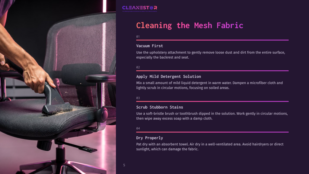 Instructional Graphic Featuring A Black Aeron Chair With Cleaning Tips, On A Purple Background, Highlighting Mesh Fabric Care Steps.