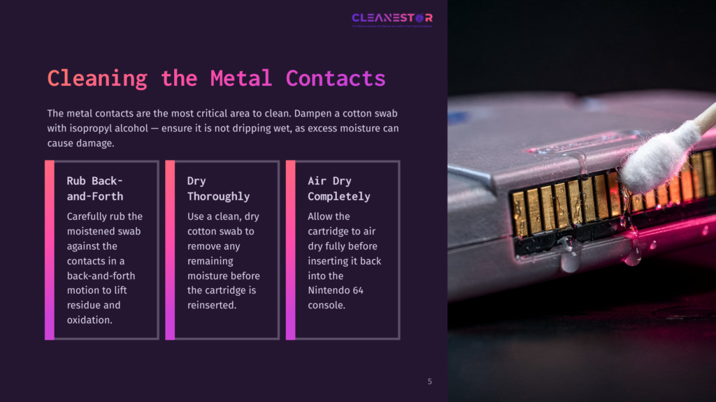 5 Cleaning The Metal Contacts A Close-Up Of A Nintendo 64 Cartridge Showing Metal Contacts, With Cleaning Instructions Beside It In Bold Text.