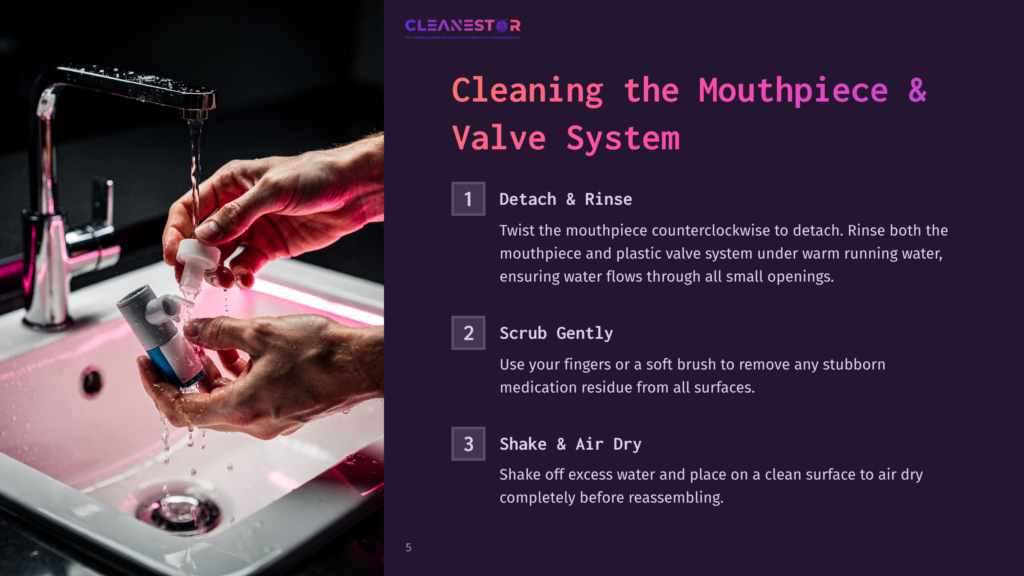 Hands Cleaning A White Mouth Piece And Valve System Under Running Water In A Pink Sink. Text Overlay: Cleaning The Mouthpiece &Amp; Valve System.
