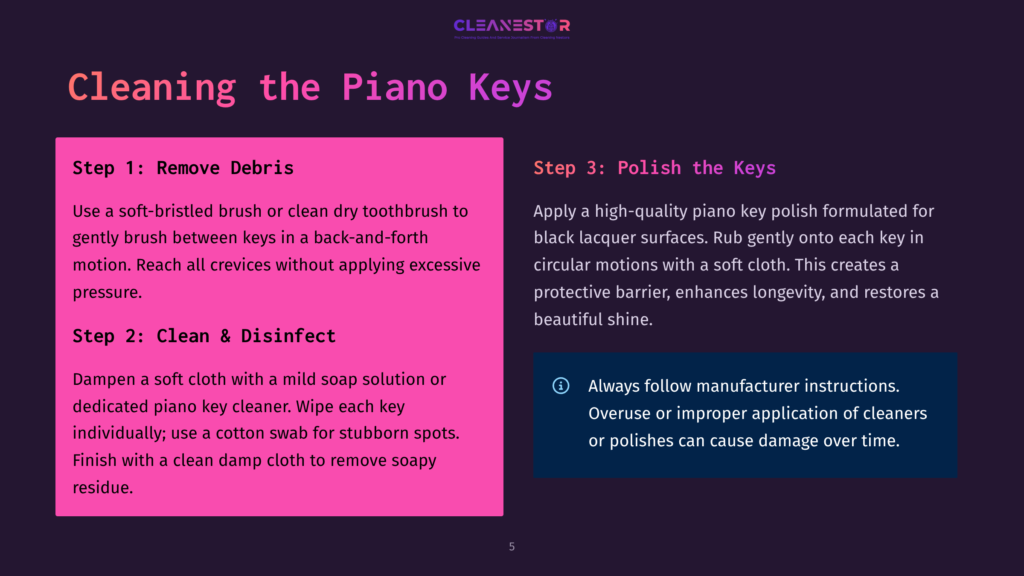 Cleaning Piano Keys: Step 1, Remove Debris With A Soft-Bristled Brush; Step 2, Clean And Disinfect With Mild Soap Solution And Damp Cloth; Step 3, Polish With Piano Key Polish And Soft Cloth. Follow Manufacturer Instructions.