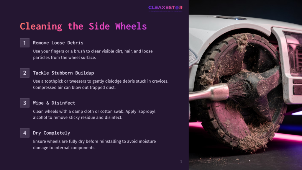 Close-Up Of A Dirty Robot Vacuum Side Wheel Being Cleaned With A Brush, Showing Accumulated Dust And Debris. Instructions For Cleaning Robot Wheels Are Overlaid On The Left.