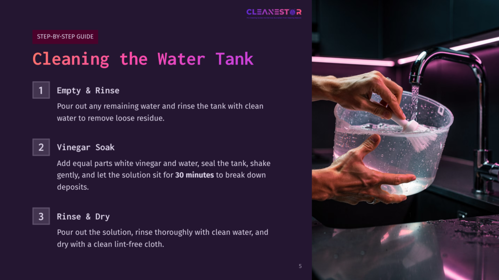 5 Cleaning The Water Tank Step-By-Step Guide To Cleaning A Water Tank: 1. Empty &Amp; Rinse. 2. Vinegar Soak. 3. Rinse &Amp; Dry. Hands Scrub The Inside Of A Clear Water Tank In A Modern Kitchen With Pink Ambient Lighting.