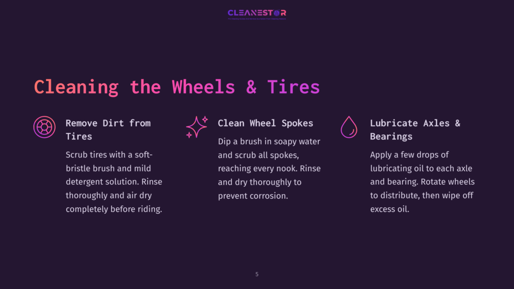 5 Cleaning The Wheels And Tires Text Steps In A Clean, Colorful Layout Outlining How To Clean Electric Scooter Wheels And Tires, With Bright Pink Headings And Icons.