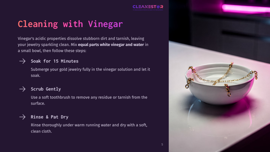 A Gold Chain Necklace Is Submerged In A White Bowl Of Water, Ready For Cleaning With Vinegar. The Image Highlights A Step In Cleaning Jewelry With Vinegar.