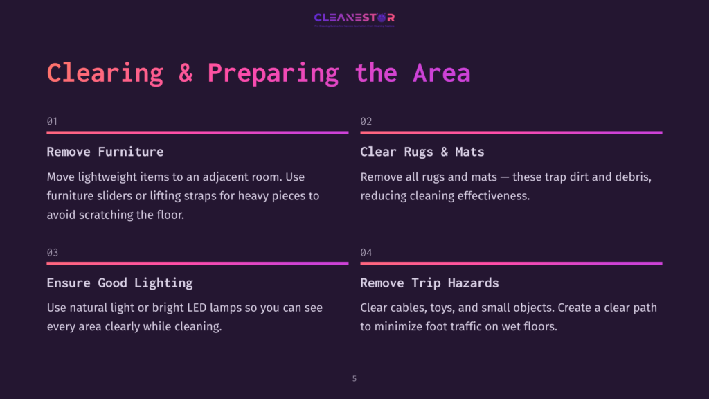 Instructions For Preparing A Cleaning Area: Tips On Removing Furniture, Rugs, Ensuring Lighting, And Clearing Trip Hazards In Bold Text.