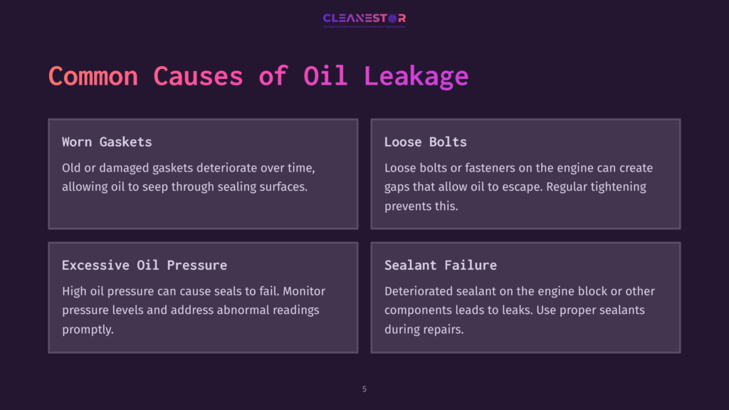 Cleanestor Slide: Common Causes Of Oil Leakage, Detailing Worn Gaskets, Loose Bolts, Excessive Oil Pressure, And Sealant Failure.