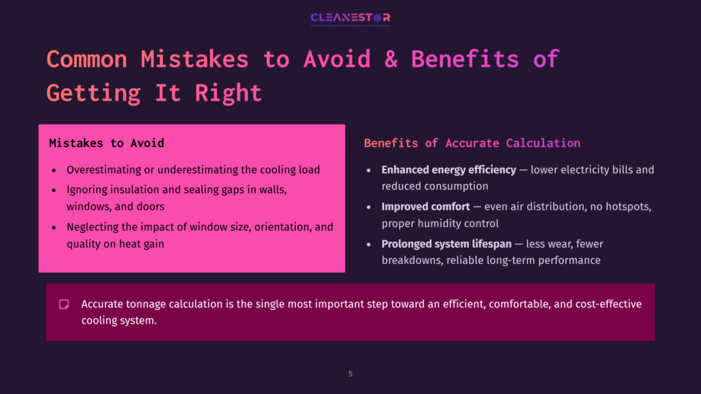 5 Common Mistakes To Avoid And Benefits Of Getting It Right Presentation Slide Titled &Quot;Common Mistakes To Avoid &Amp; Benefits Of Getting It Right&Quot; With Bullet Points On Common Hvac Mistakes And Benefits Of Accurate Calculation, Including Energy Efficiency And Improved Comfort.