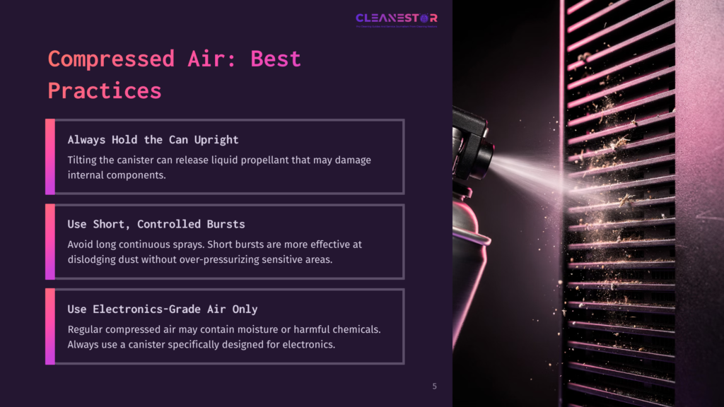 Compressed Air Can Spraying Dust Off A Black Fan With The Text &Quot;Cleanestar&Quot; At The Top. Best Practices For Compressed Air Use Are Listed.