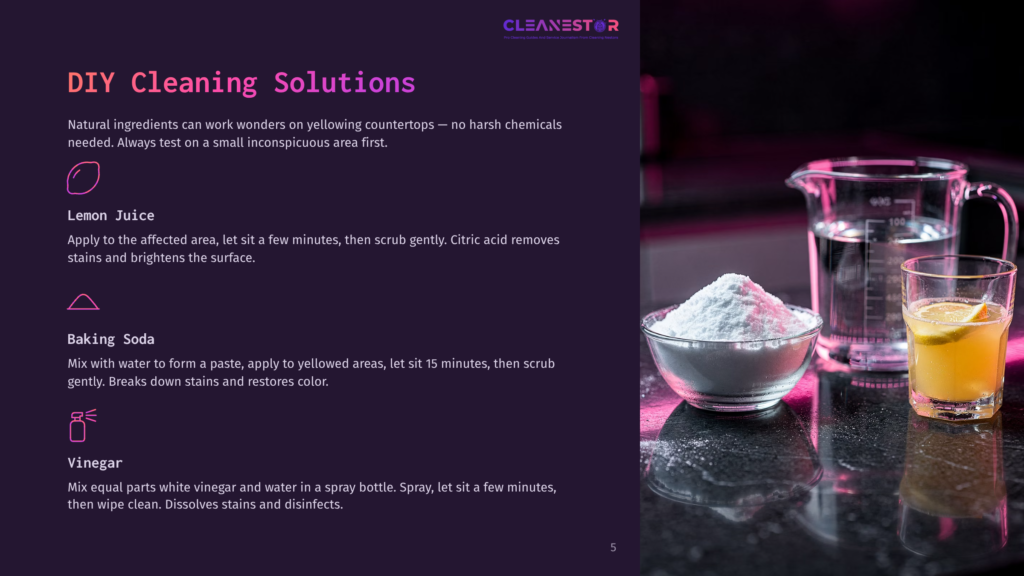 Diy Cleaning Solutions: Lemon Juice, Baking Soda, And Vinegar Are Shown In Glass Containers Next To A Measuring Cup Of Water And A Glass Of Lemon-Infused Liquid, With Text Detailing Their Uses For Cleaning Countertops.