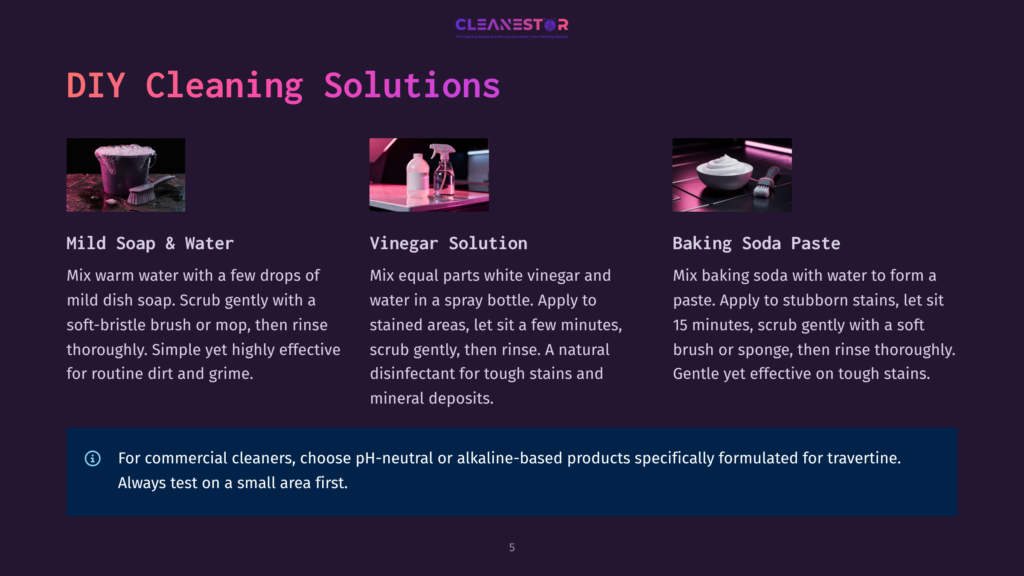 Diy Cleaning Solutions: Mild Soap &Amp; Water In A Bucket, Vinegar Solution In A Spray Bottle, And Baking Soda Paste In A Bowl. Text Explains How To Use Each For Cleaning.