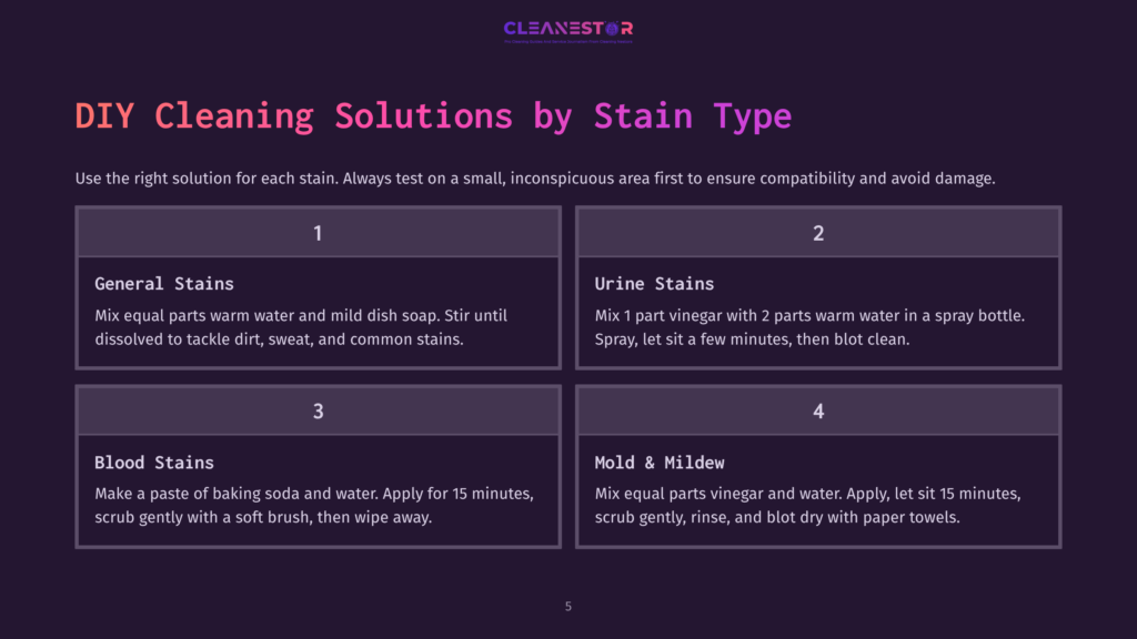 Diy Cleaning Solutions For Common Household Stains: General, Urine, Blood, And Mold &Amp; Mildew. The Graphic Lists Specific Cleaning Mixtures For Each Stain Type.
