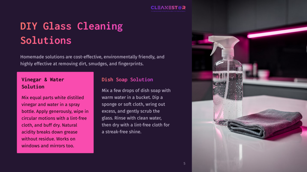 A Spray Bottle And A Bowl With Liquid On A Counter, Alongside Cleaning Instructions For Frosted Glass Surfaces In Bold Text.