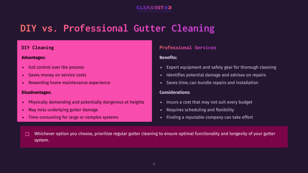 5 Diy Vs Professional Gutter Cleaning Comparison Of Diy Vs. Professional Gutter Cleaning: A Slide With Text Detailing Advantages And Disadvantages Of Each, With The Title &Quot;Diy Vs. Professional Gutter Cleaning&Quot; And &Quot;Cleanestor&Quot; Logo.