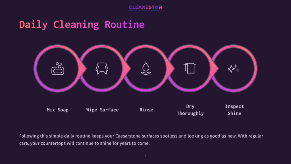 Graphic With Five Steps In Circular Icons: Mix Soap, Wipe Surface, Rinse, Dry Thoroughly, Inspect Shine, All In Vibrant Colors On A Dark Background.