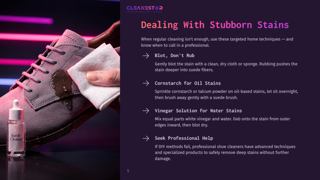 A Pink Spray Bottle Labeled &Quot;Suede Cleaner&Quot; Beside A Soft Brush, With Text Outlining Methods For Cleaning Suede Shoes. Dark Background.