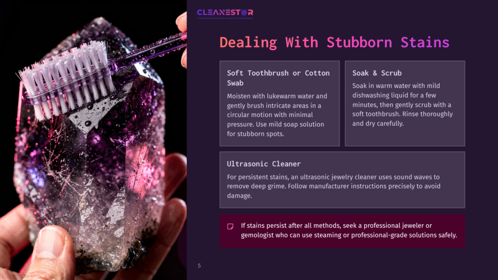 Close-Up Of A Hand Holding An Amethyst Crystal While Cleaning It With A Toothbrush, Alongside Text Instructions On Cleaning Methods.