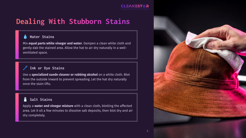 5 Dealing With Stubborn Stains 4 A Hand Gently Wipes A Brown Suede Hat With A White Cloth, Demonstrating How To Clean Stubborn Stains, With Cleaning Tips Displayed On The Left.
