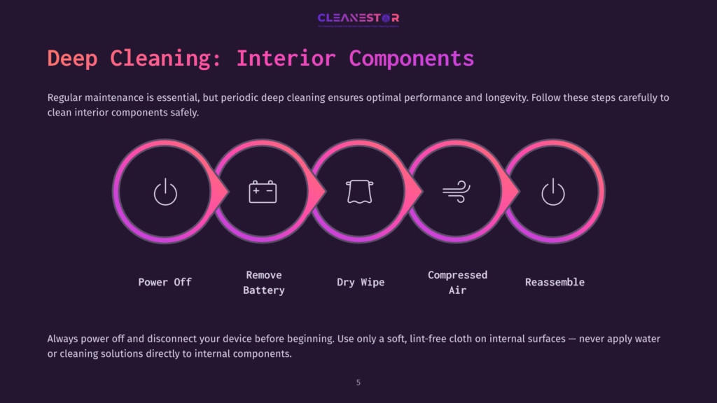 Infographic Showing Five Steps For Deep Cleaning Interior Components: Power Off, Remove Battery, Dry Wipe, Compressed Air, And Reassemble. Text At The Bottom Advises Powering Off The Device And Using A Soft, Lint-Free Cloth.