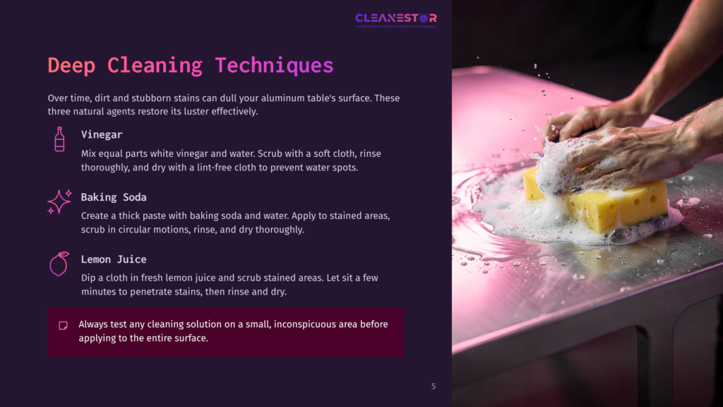 A Pink Cloth Scrubs An Aluminum Surface With Suds, Alongside A Sponge, Bowl, And Cleaning Solutions Like Vinegar, Baking Soda, And Lemon Juice.