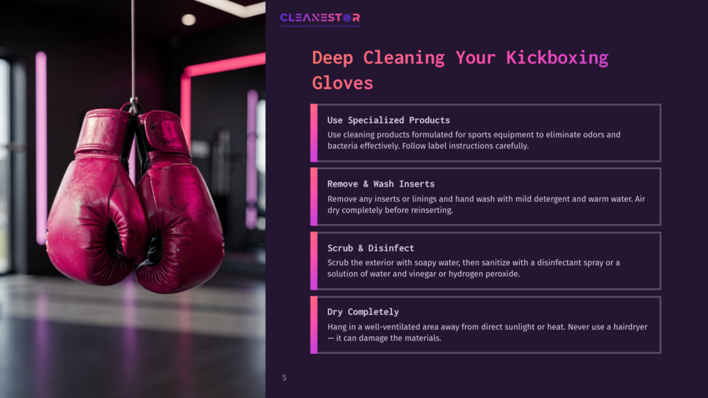 Close-Up Of A Pink Kickboxing Glove Hanging In A Gym, With Cleaning Tips Displayed In A Modern Layout On A Dark Background.