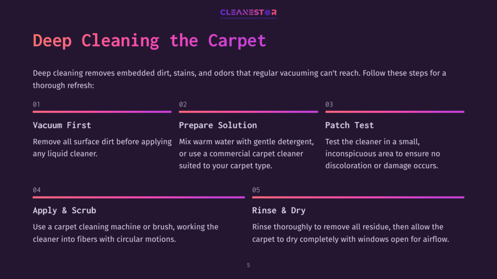 Cleanestor Deep Cleaning Carpet Guide: Vacuum First, Prepare Solution, Patch Test, Apply &Amp; Scrub, Rinse &Amp; Dry.