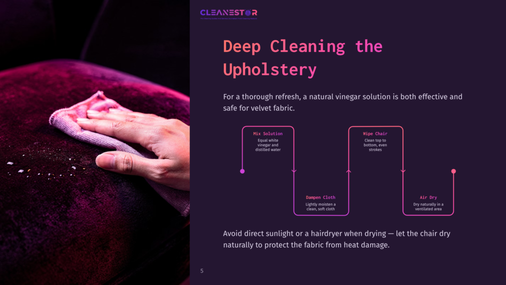 5 Deep Cleaning The Upholstery A Hand Gently Wipes A Dark Purple Velvet Chair With A White Cloth, Demonstrating A Deep Cleaning Upholstery Method With A Natural Vinegar Solution.