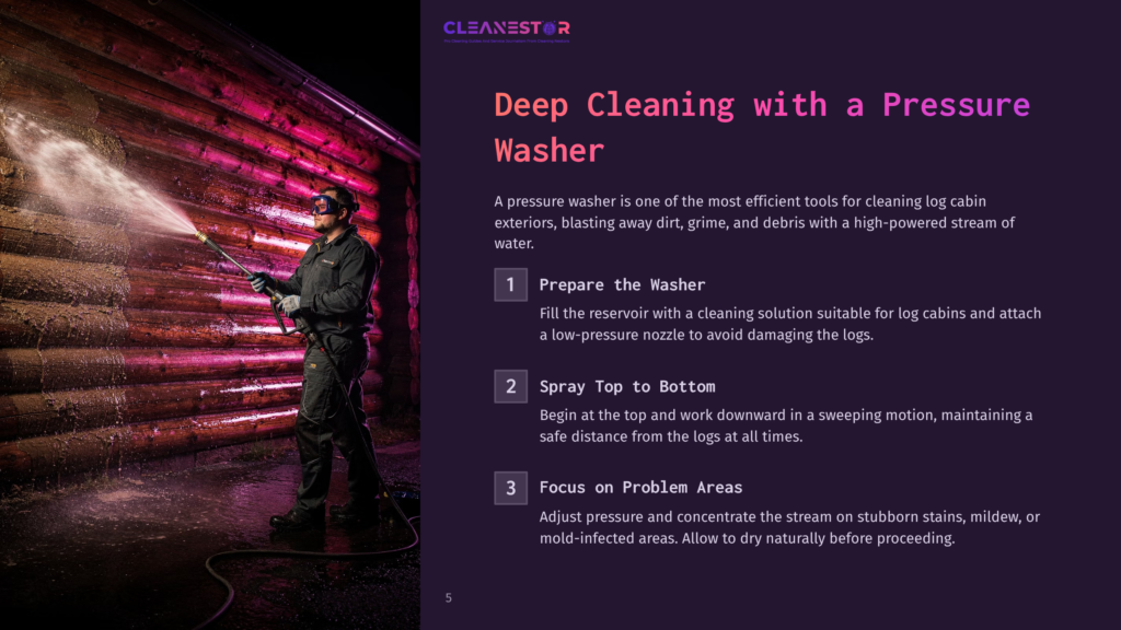5 Deep Cleaning With A Pressure Washer Man Pressure Washing A Log Cabin Exterior With A Powerful Stream Of Water, Demonstrating Deep Cleaning Techniques.